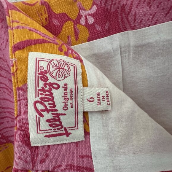 Lilly Pulitzer Skirt 6 Pink/Orange Cotton Elephant Hibiscus 18" Grannycore Beach - Picture 6 of 13